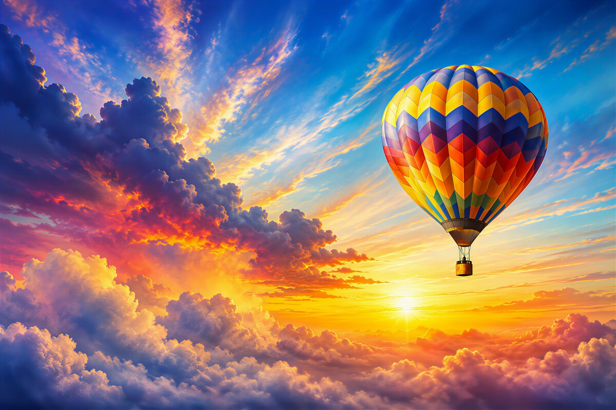 Fototapeten Ballon in den Wolken bei Sonnenaufgang pastellfarbener Himmel