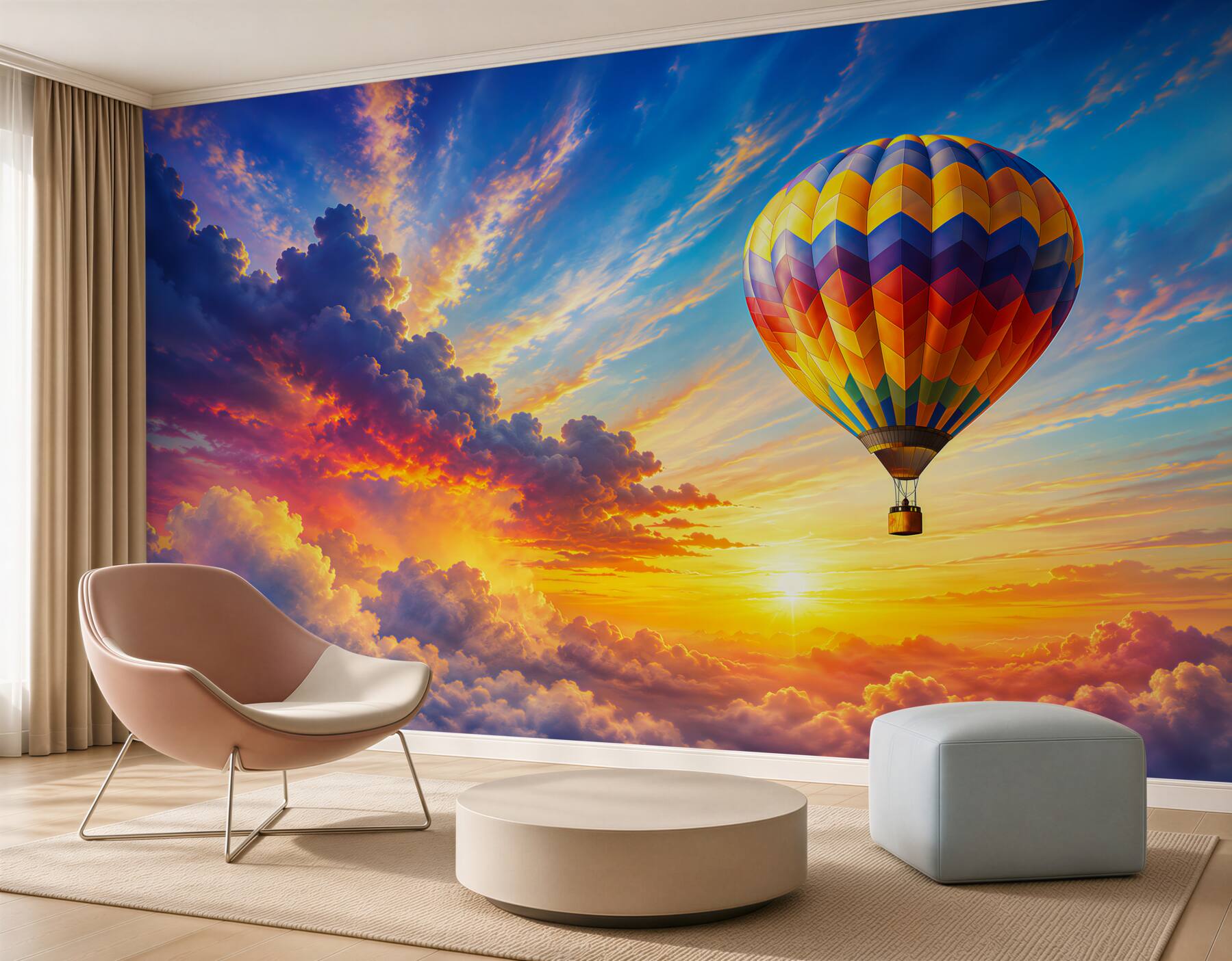 Fototapeten Ballon in den Wolken bei Sonnenaufgang pastellfarbener Himmel