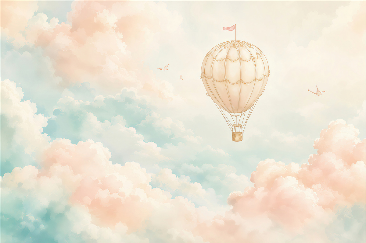 Fototapeten Ballon zwischen den Wolken in Pastell für das Kinderzimmer