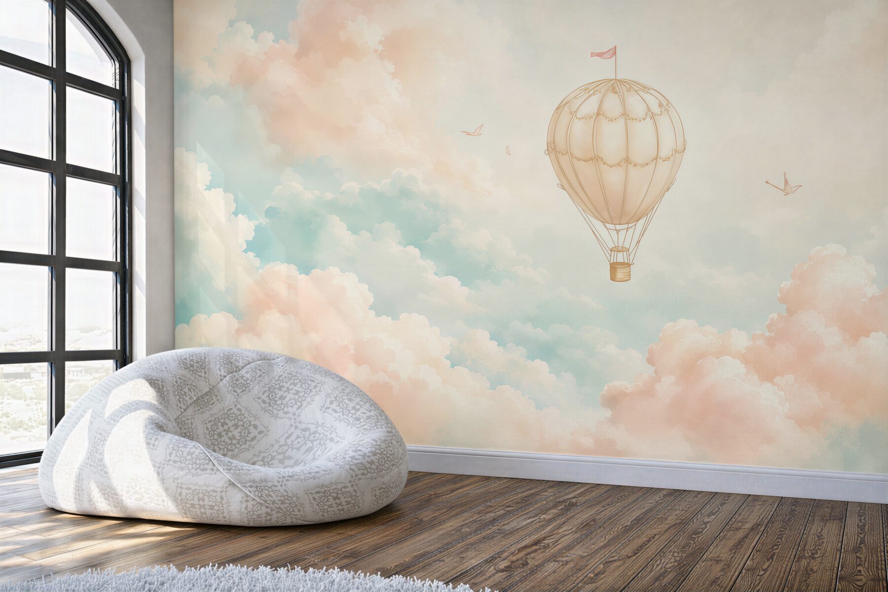 Fototapeten Ballon zwischen den Wolken in Pastell für das Kinderzimmer