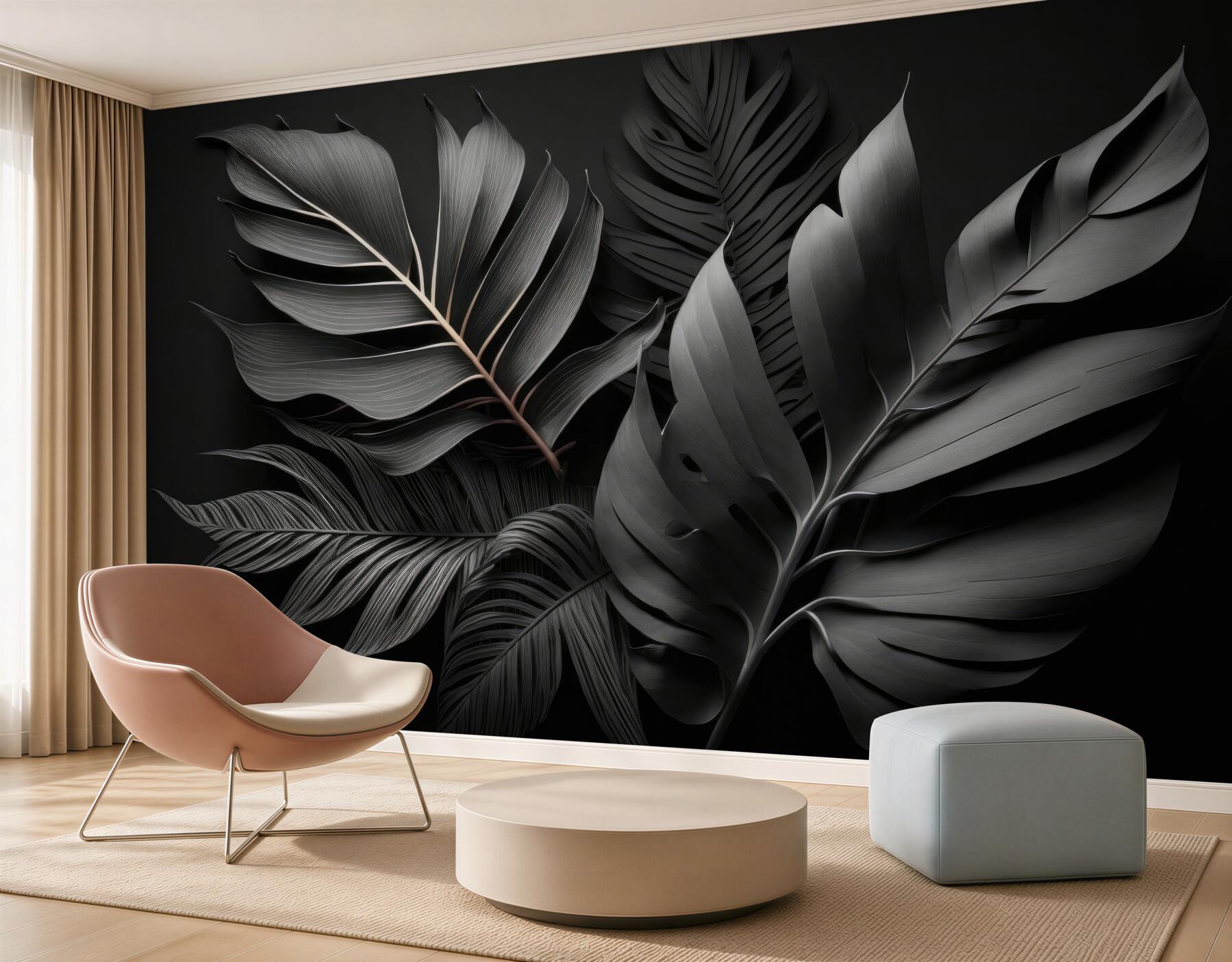 Fototapeten tropische Blätter beige 3D auf subtiler Hintergrund für das Wohnzimmer