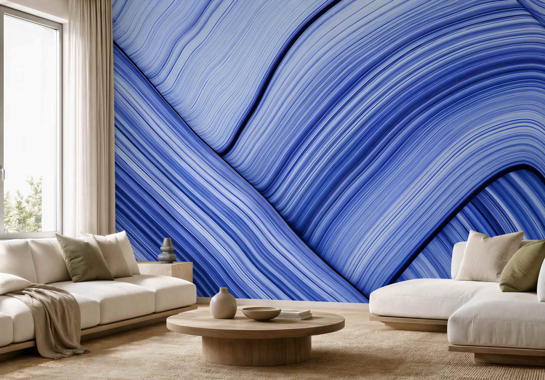 Fototapeten zarte Wellen blau und weiß modern für das Schlafzimmer