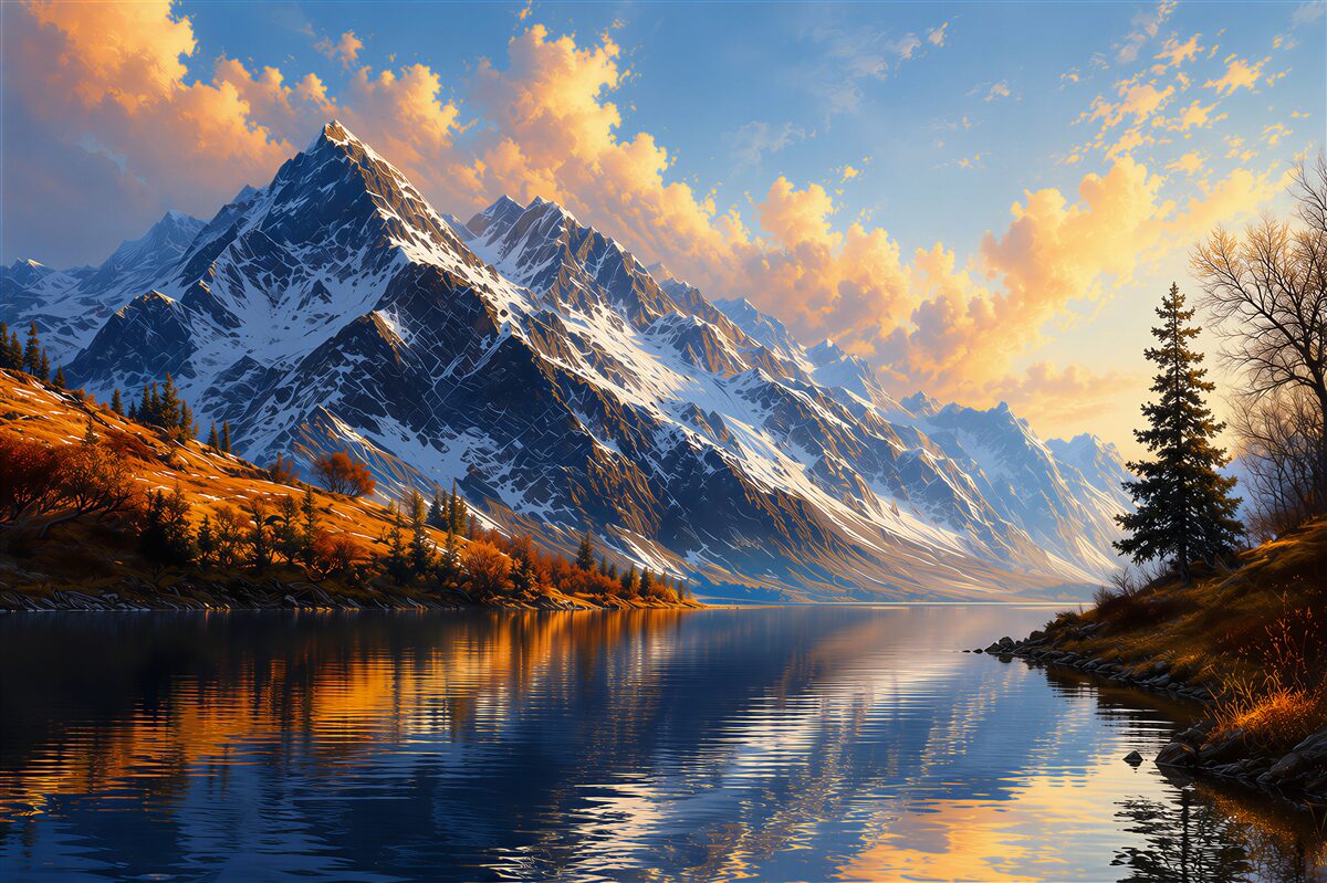 Fototapeten verschneite Berge über dem See im Nebel ruhige Landschaft