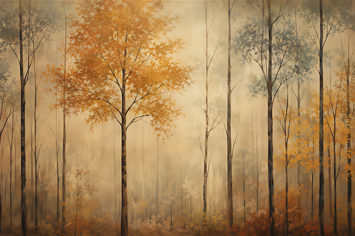 Fototapeten goldener Wald im Nebel zarter Waldlandschaft