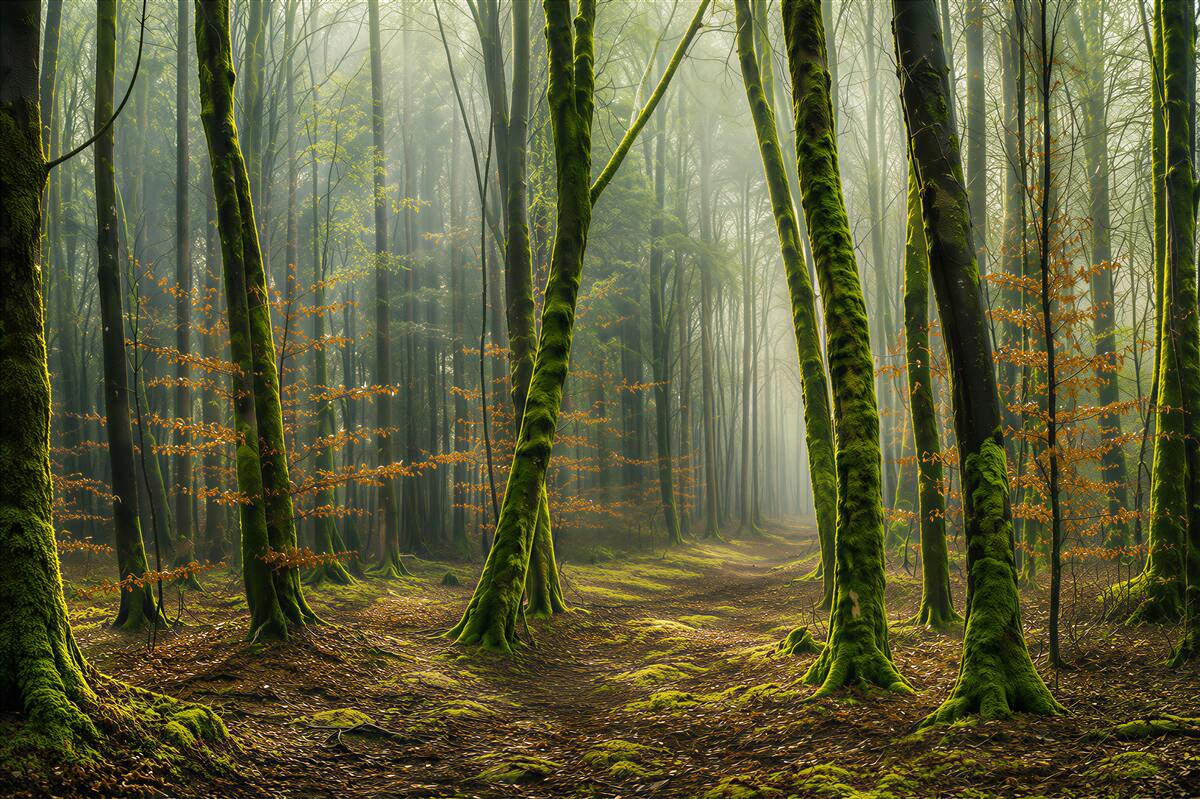 Fototapeten grüner Wald mit einem Weg in den Sonnenstrahlen
