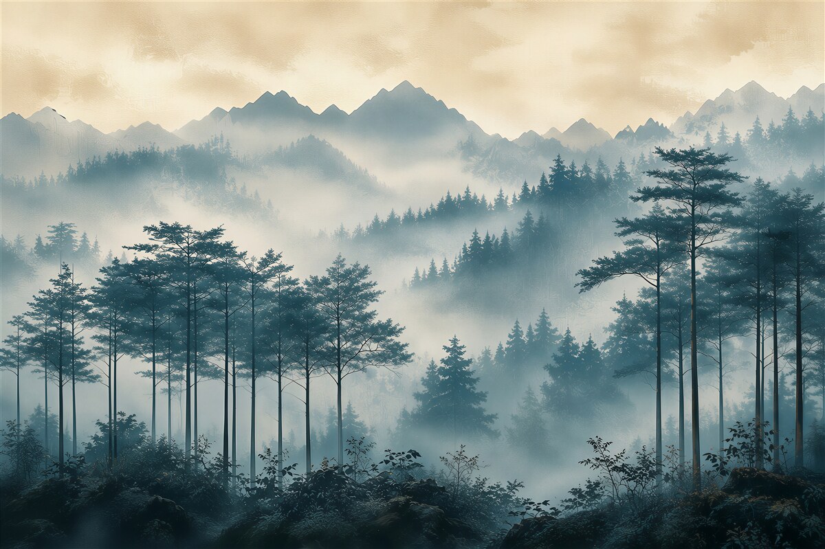 Fototapeten Berge und Wald im Nebel mit Sonnenstrahlen für das Wohnzimmer