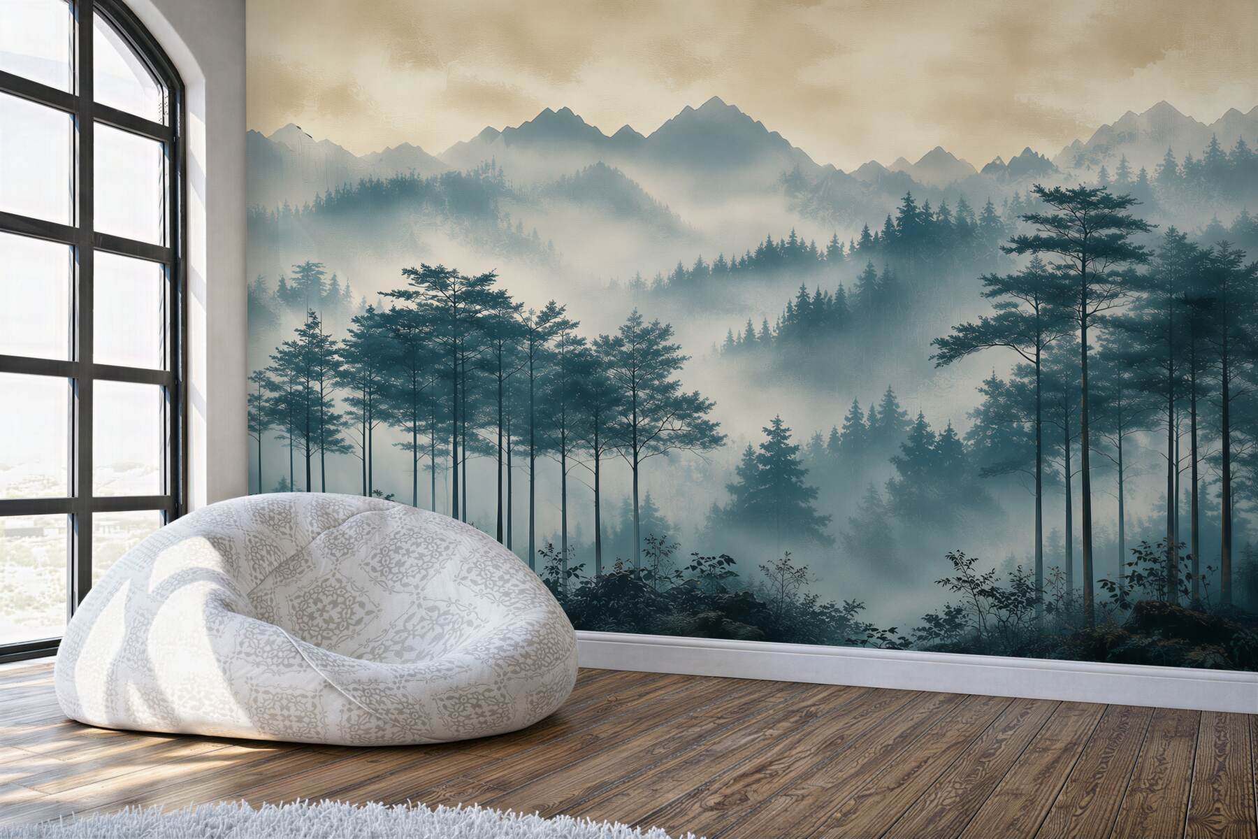 Fototapeten Berge und Wald im Nebel mit Sonnenstrahlen für das Wohnzimmer