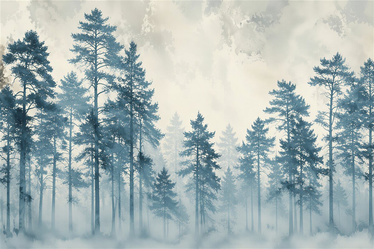 Fototapeten Kieferwald im Nebel mit sanftem Licht im skandinavischen Stil