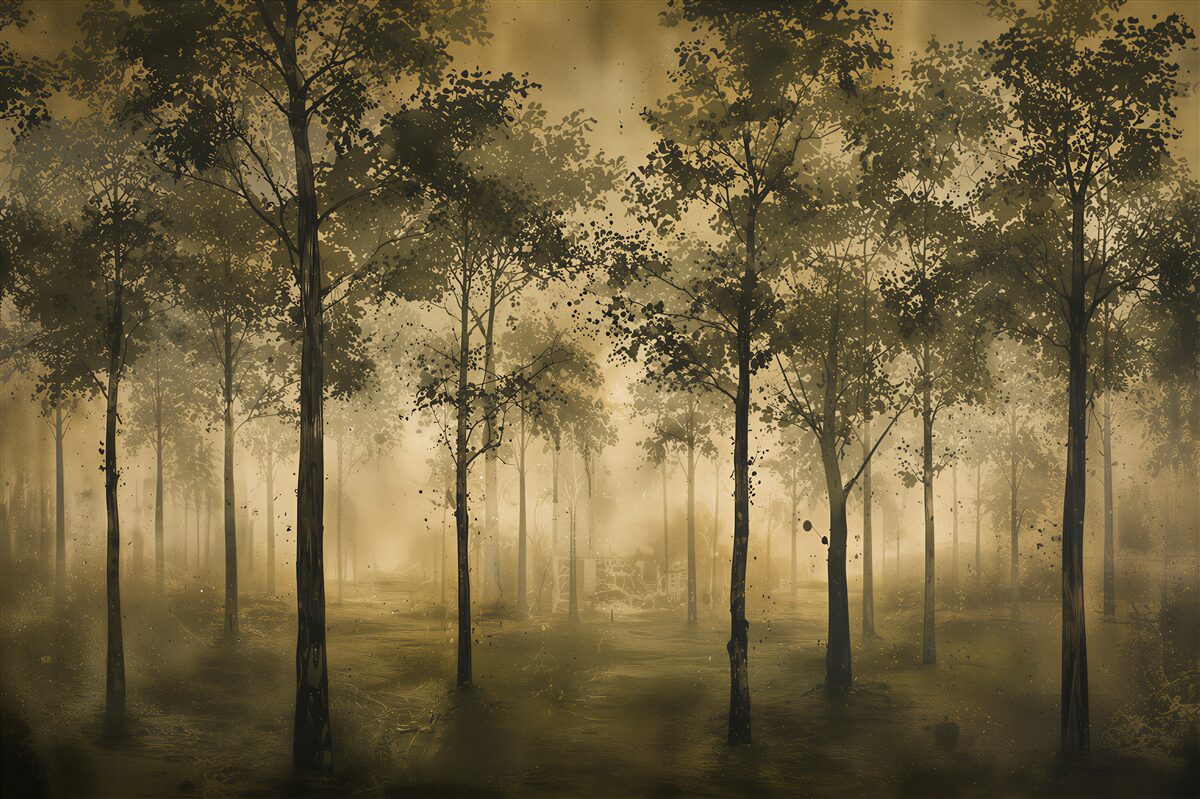 Fototapeten subtile Laubwald im Nebel in natürlichen Farben