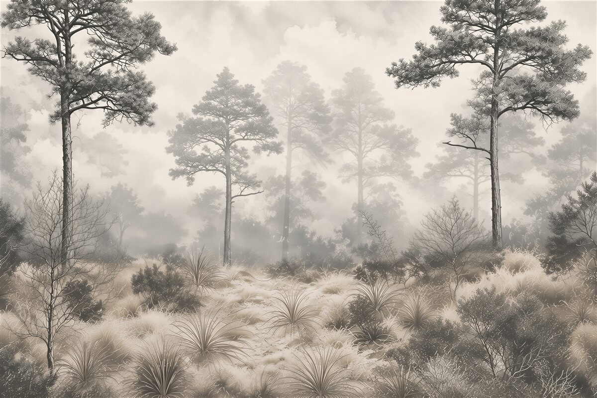 Fototapeten Kieferwald im Nebel im minimalistischen Stil