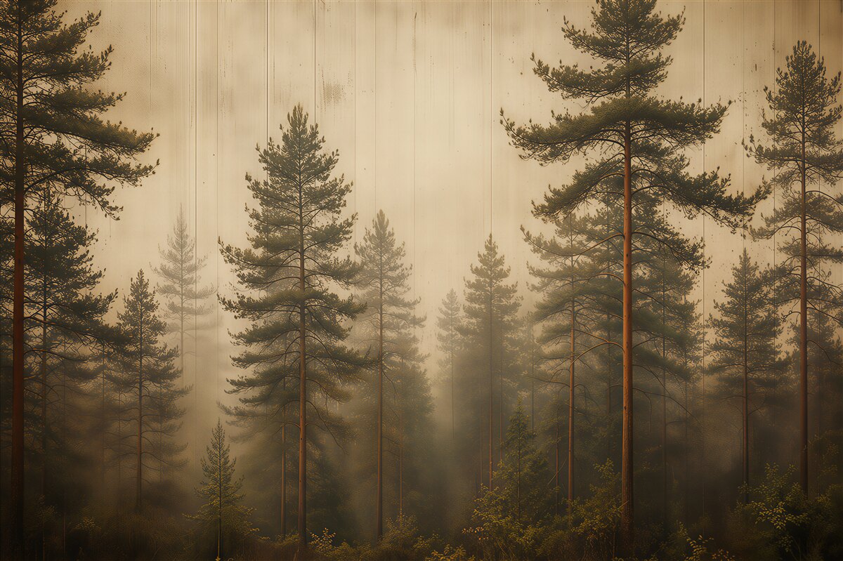 Fototapeten Kieferwald im Nebel in warmen Beigetönen