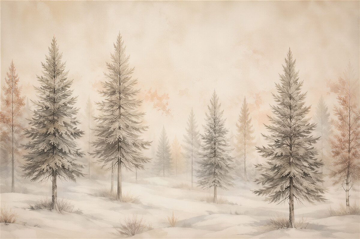 Fototapeten Wintertannenwald im Nebel hell und ruhig