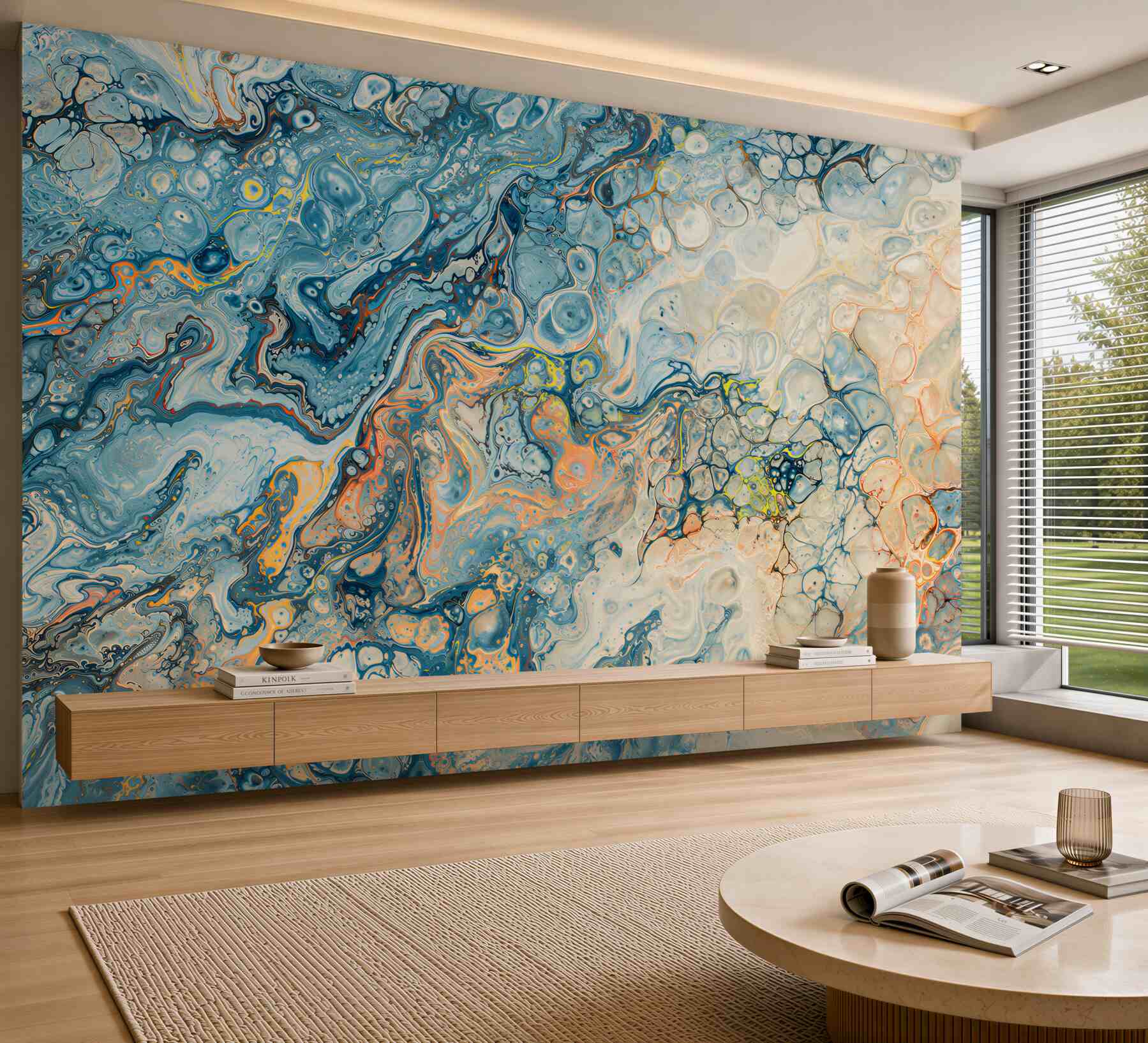 Fototapeten abstrakter blauer Fluss in hellem Marmor elegant
