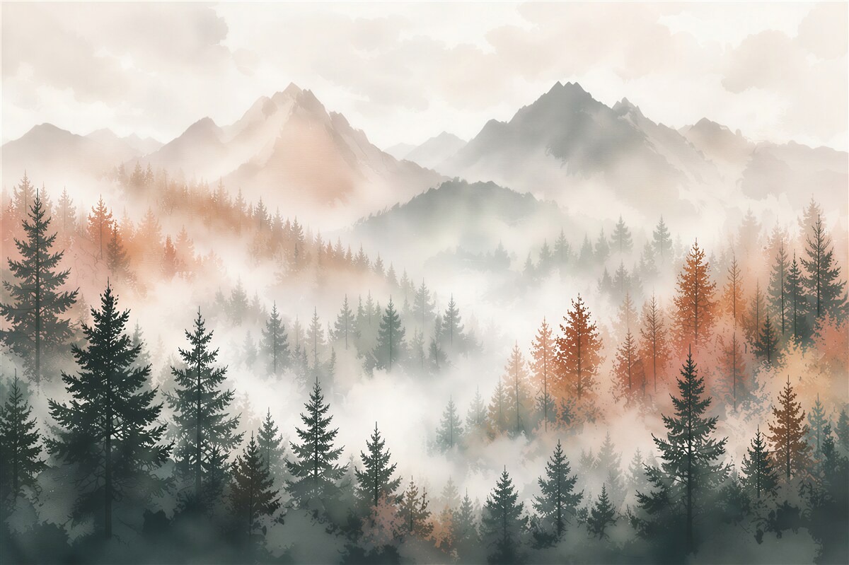 Fototapeten nebliger Wald und Berge in pastellfarbenen Beigetönen