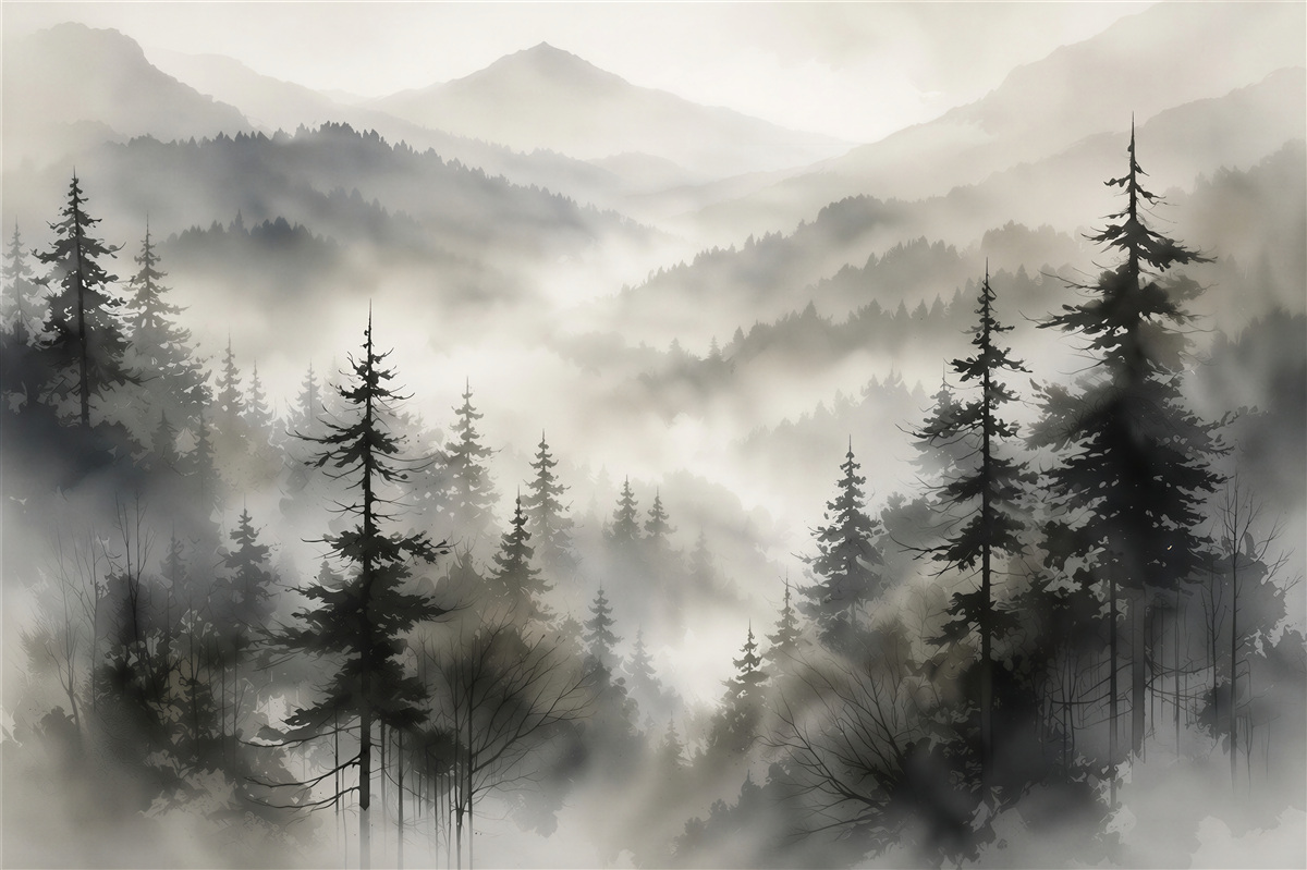 Fototapeten Bergige Hügel und Wald im Nebel ruhige Landschaft