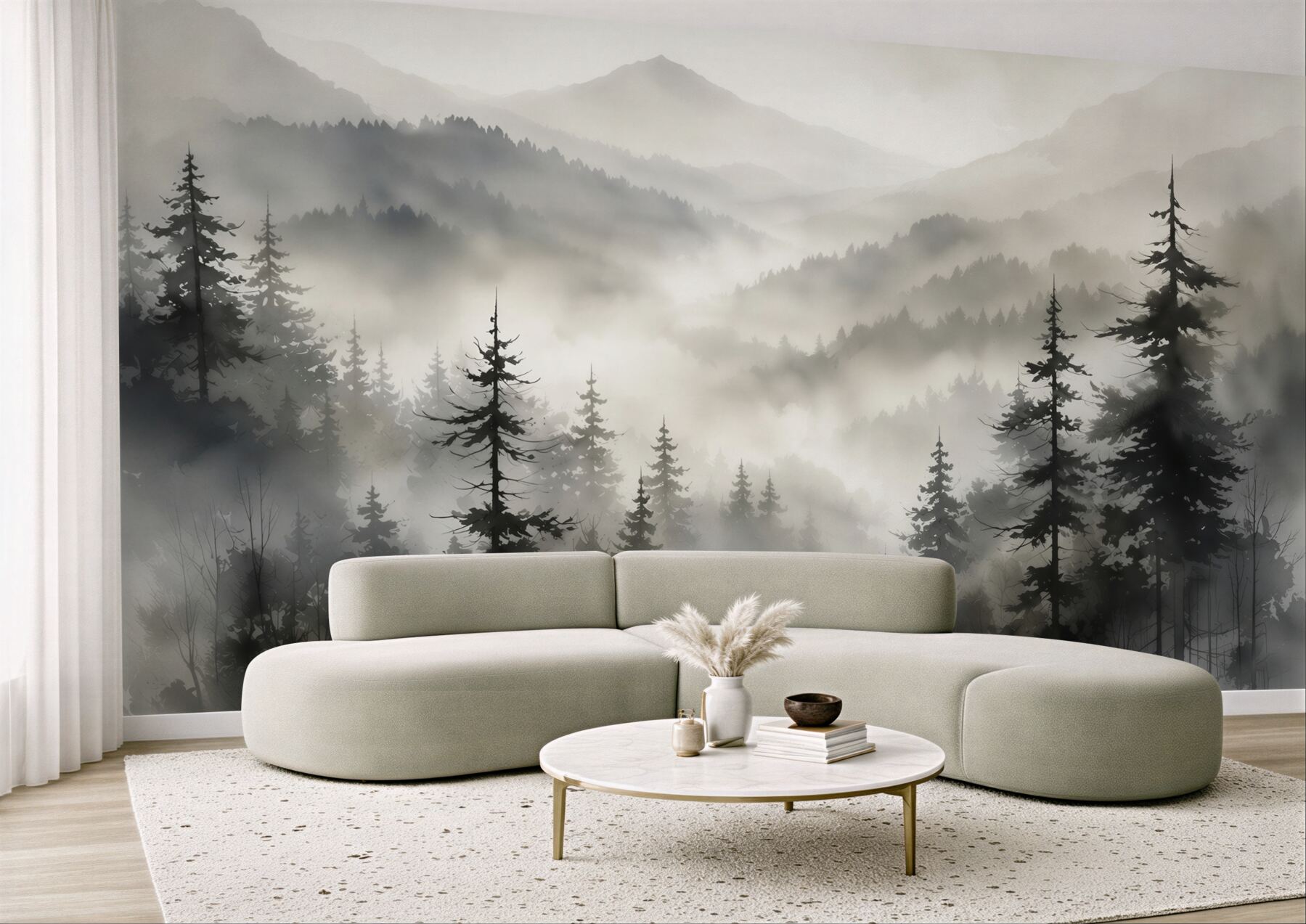Fototapeten Bergige Hügel und Wald im Nebel ruhige Landschaft