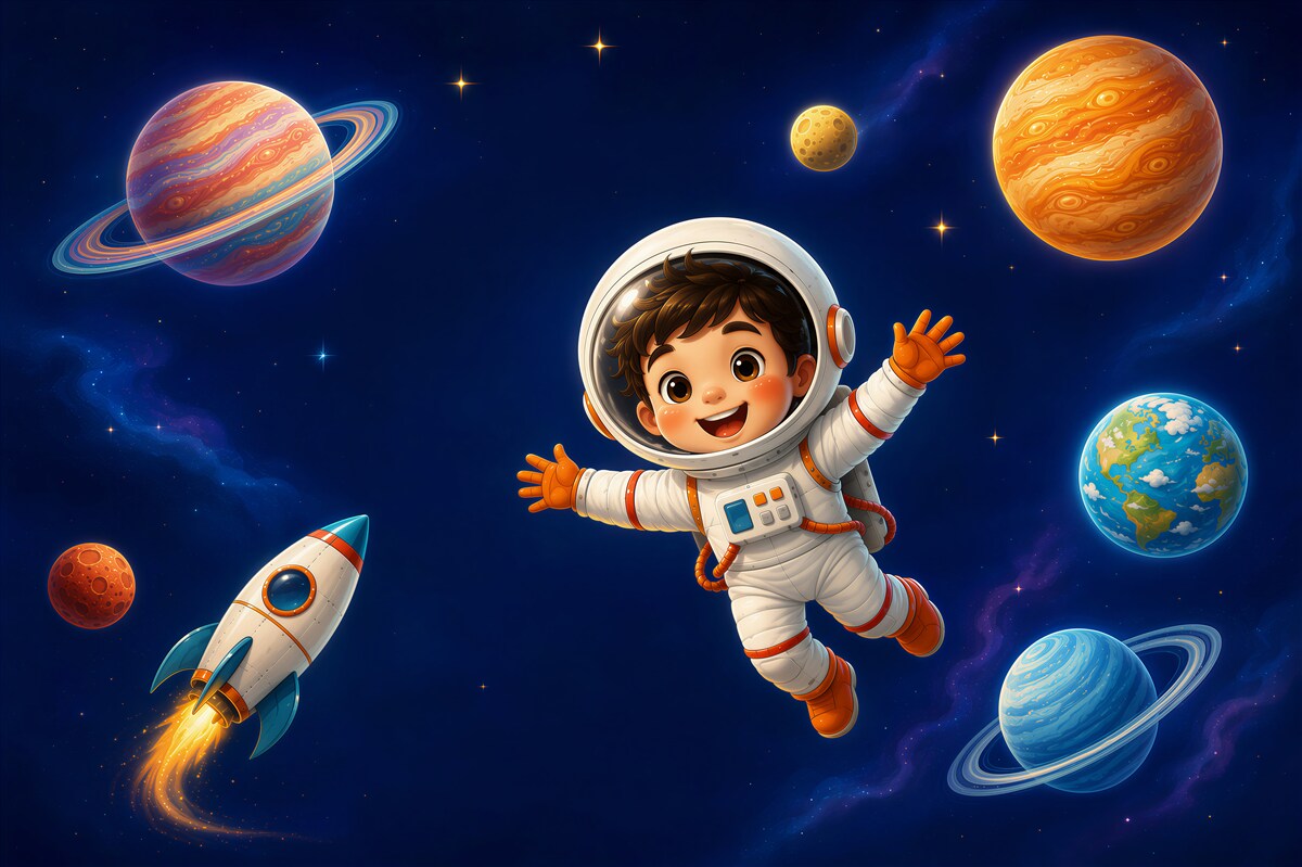 Fototapeten Astronautenjunge im Weltraum