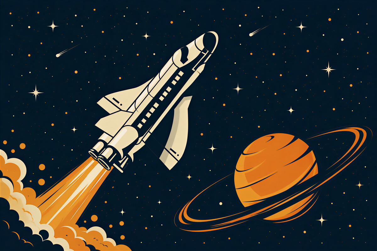 Fototapeten Die Rakete fliegt auf einem großen Planeten