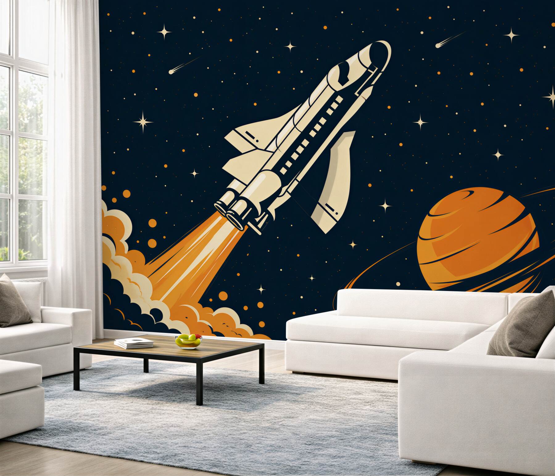 Fototapeten Die Rakete fliegt auf einem großen Planeten