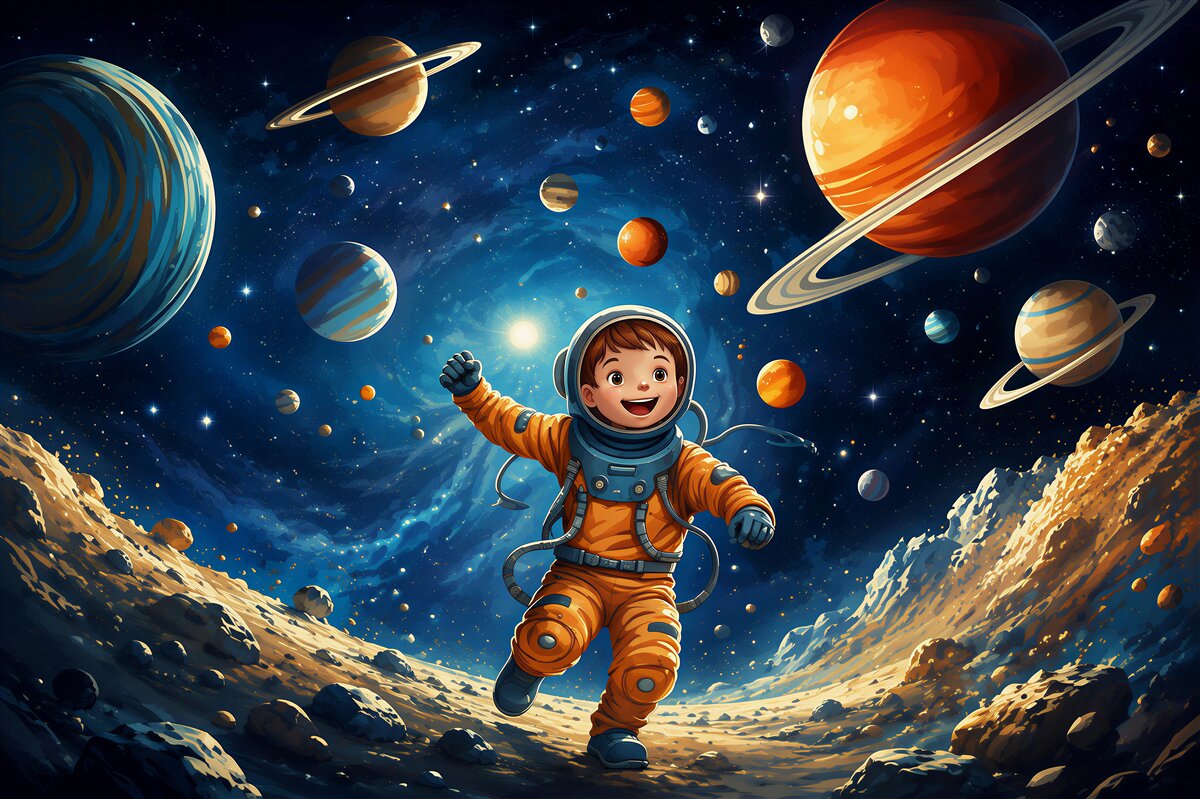 Fototapeten Astronaut im Weltraum mit Planeten für das Kinderzimmer