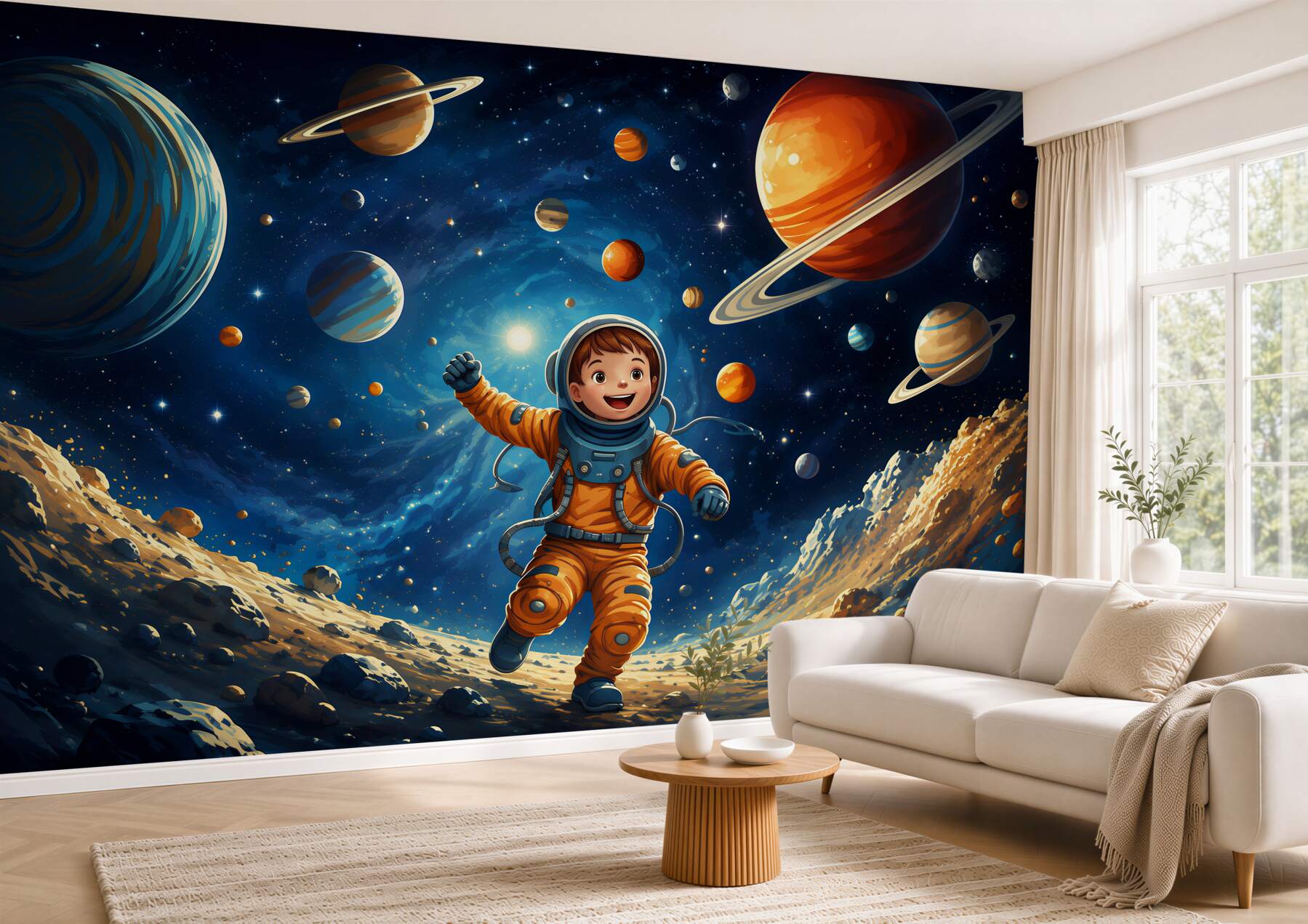 Fototapeten Astronaut im Weltraum mit Planeten für das Kinderzimmer