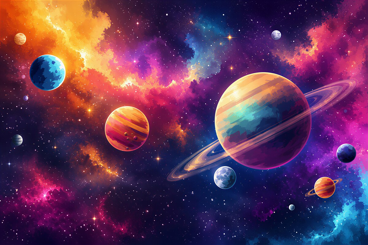 Fototapeten Pastellplaneten in den Wolken des Kosmos für das Kinderzimmer