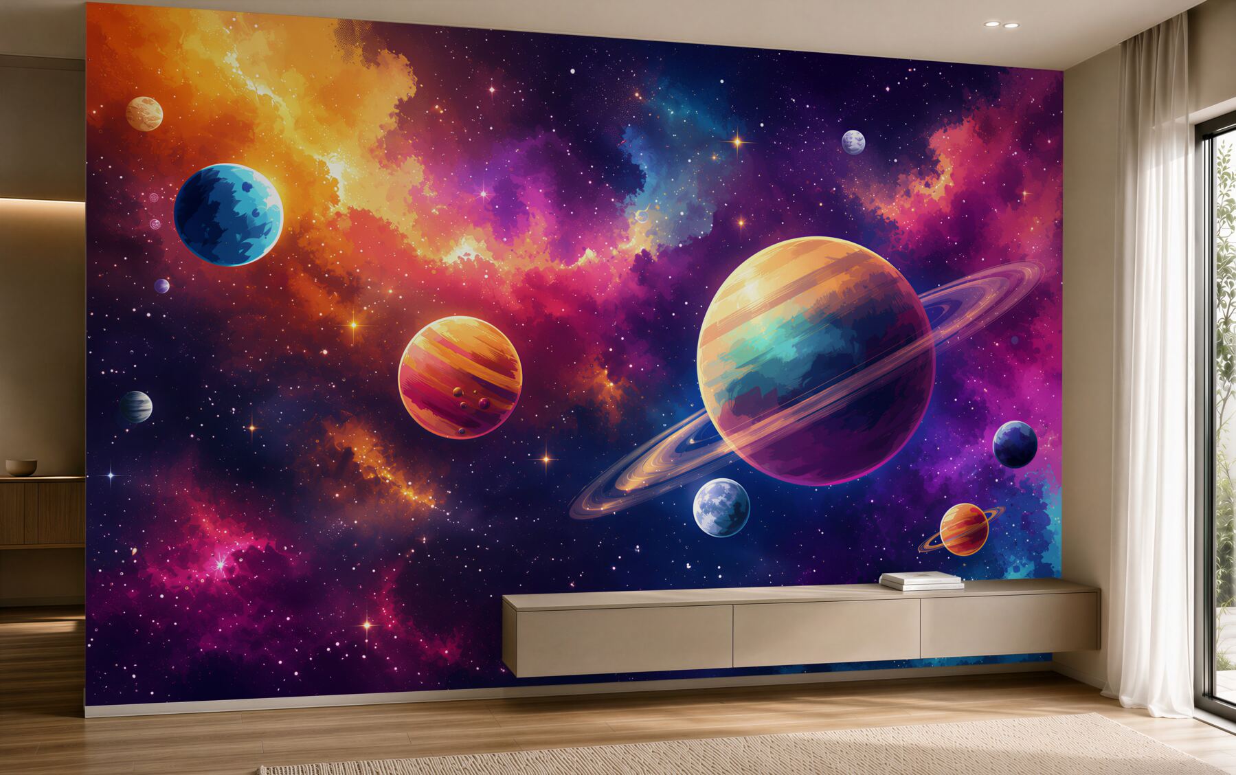 Fototapeten Pastellplaneten in den Wolken des Kosmos für das Kinderzimmer