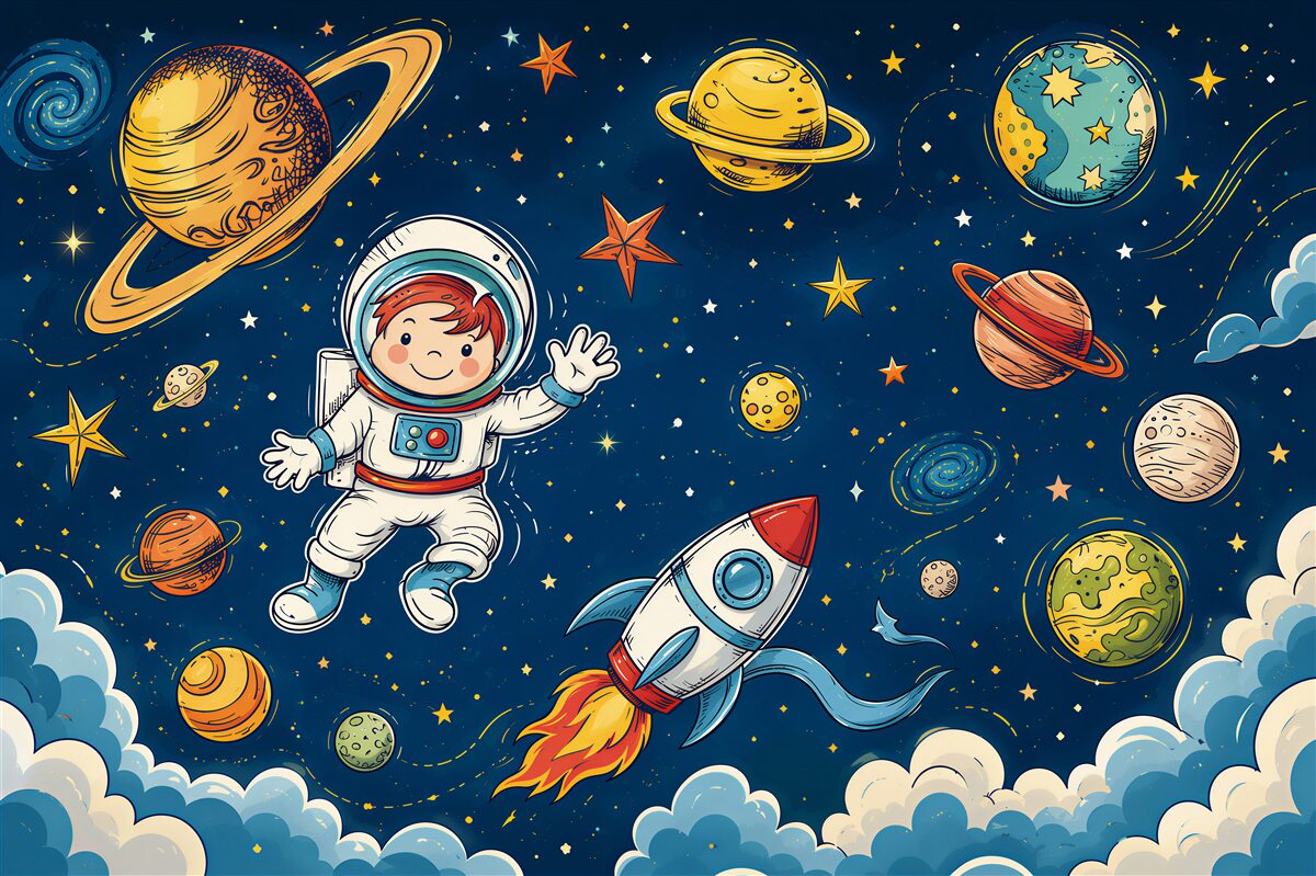 Fototapeten Junge mit Astronaut, Rakete und Planet