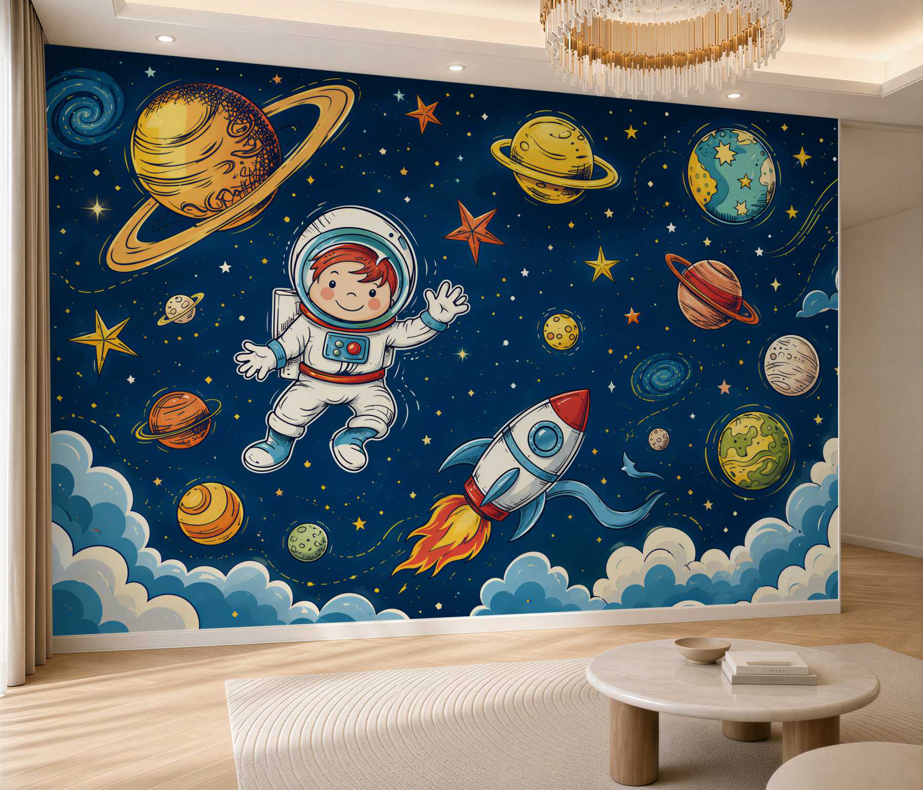 Fototapeten Junge mit Astronaut, Rakete und Planet