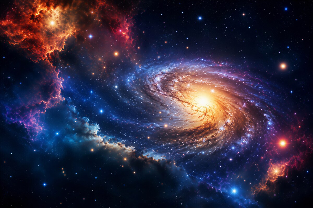 Fototapeten Spiralgalaxie und Sterne im pastellfarbenen Kosmos