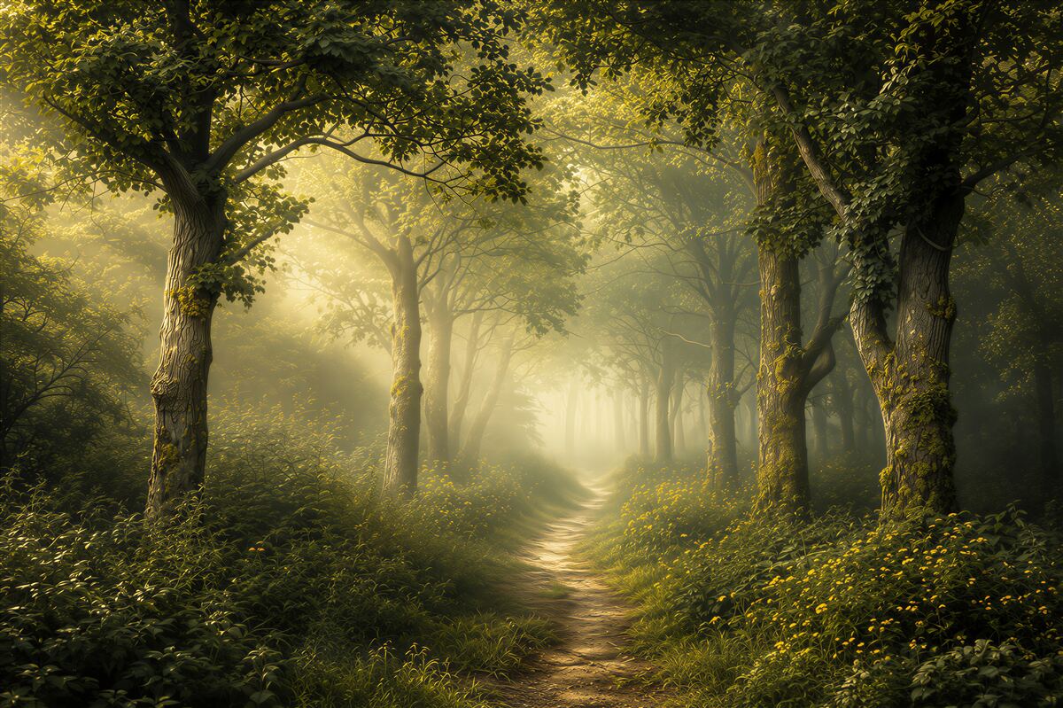 Fototapeten Waldweg im Nebel mit Sonnenstrahlen, ruhig und grün
