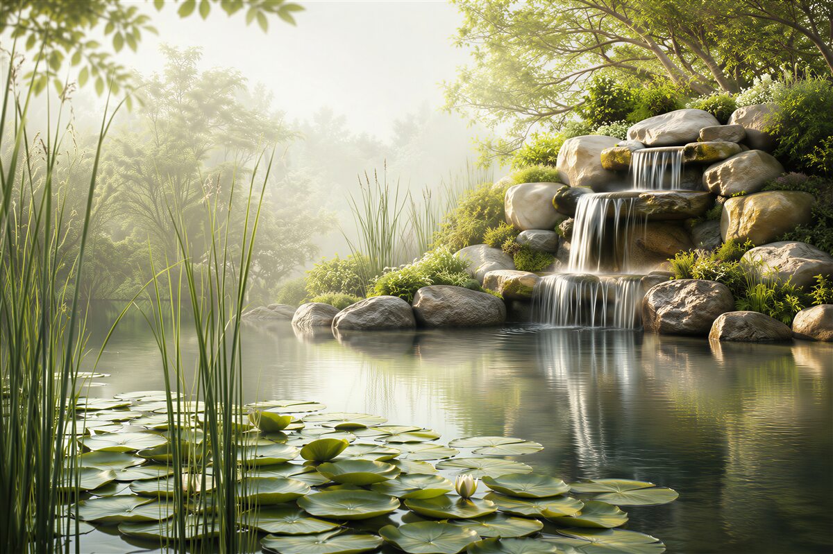 Fototapeten Dekorativer Teich mit Wasserfall im Garten