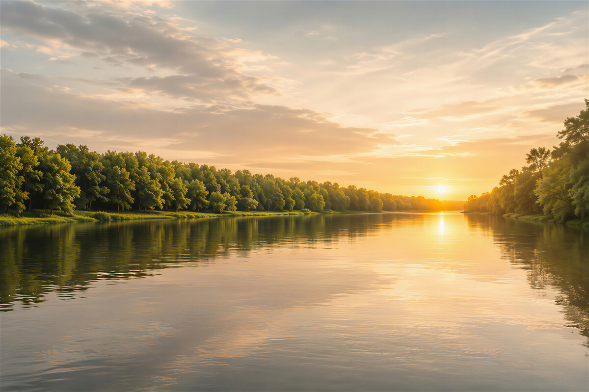 Fototapeten Sonnenuntergang über dem Fluss