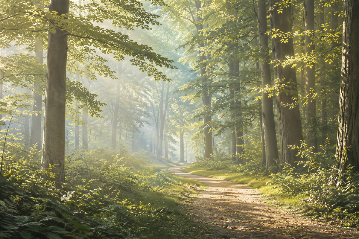 Fototapeten Straße in einem schönen Wald am Morgen