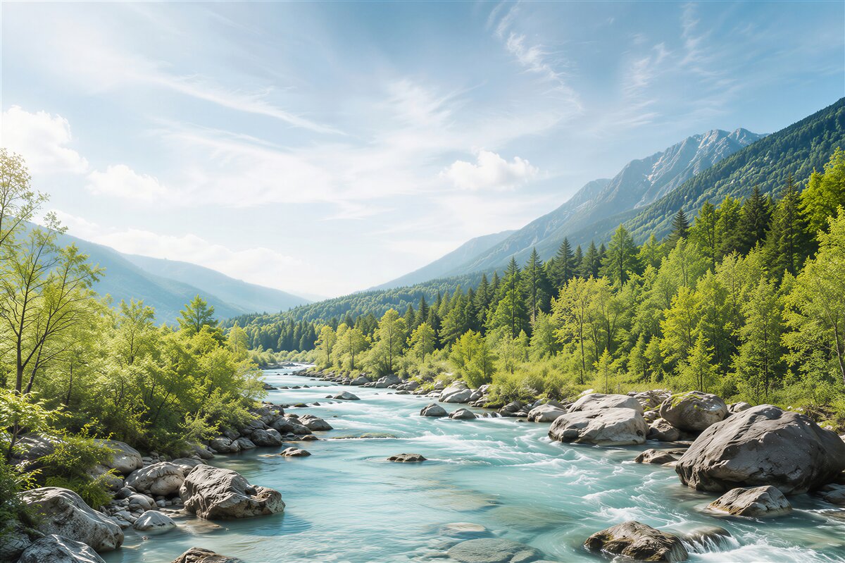 Fototapeten Lebendige Schweizer Landschaft mit klarem Bach, Fluss