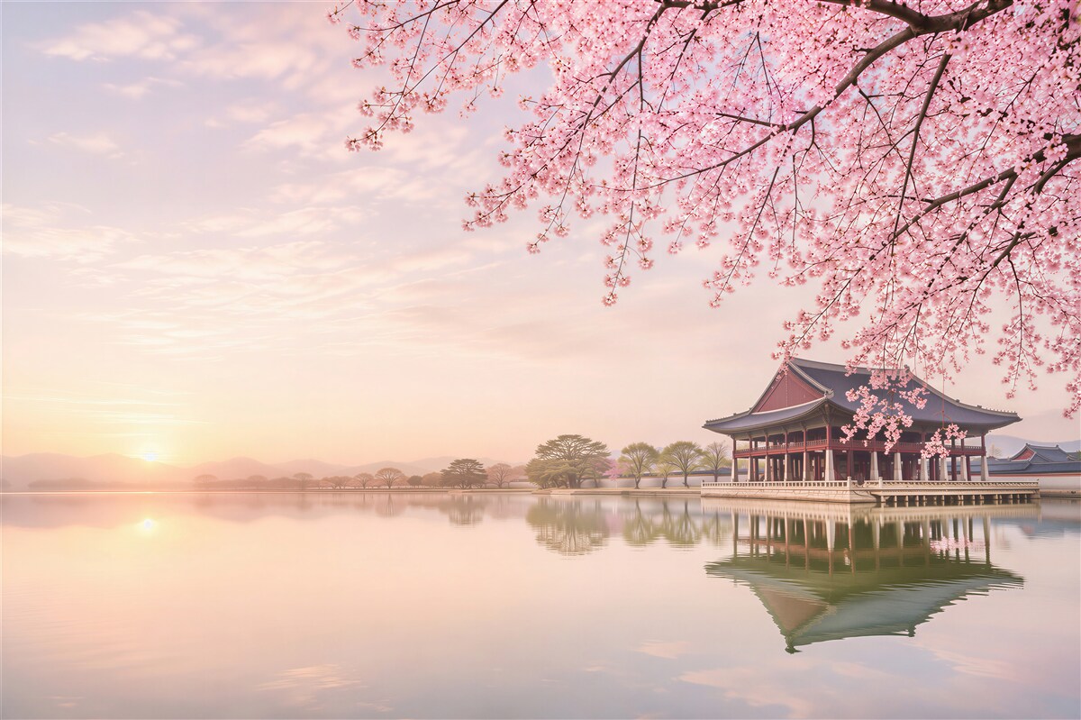 Fototapeten Gyeongbokgung-Palast mit Kirschbäumen im Frühling in Seoul, Südkorea
