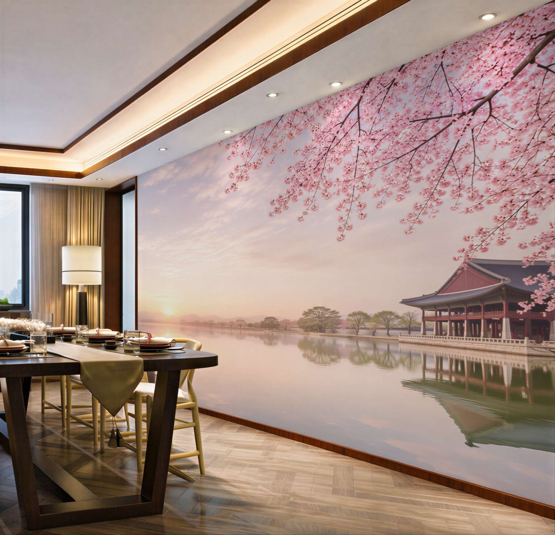Fototapeten Gyeongbokgung-Palast mit Kirschbäumen im Frühling in Seoul, Südkorea