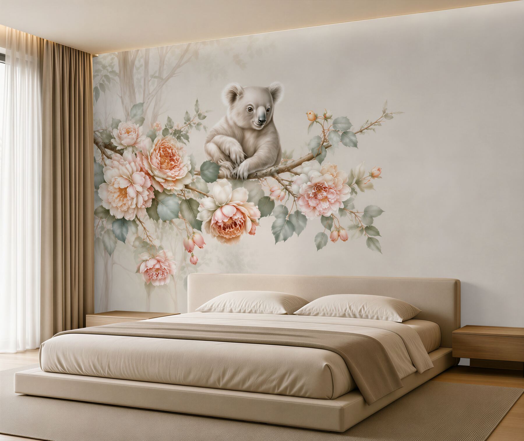 Fototapeten Koala auf einem Ast zwischen pastellfarbenen Blumen für das Kinderzimmer
