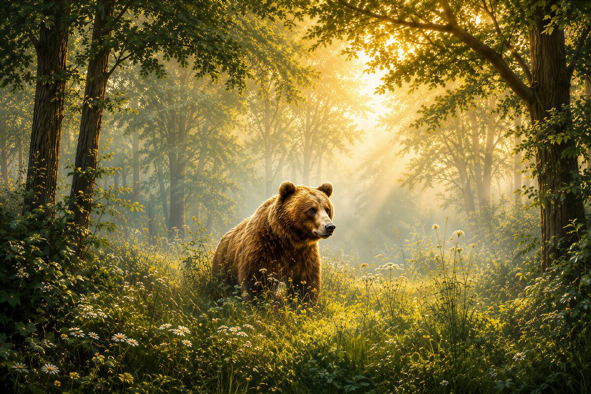 Fototapeten Bär auf einer Waldlichtung am goldenen Morgen
