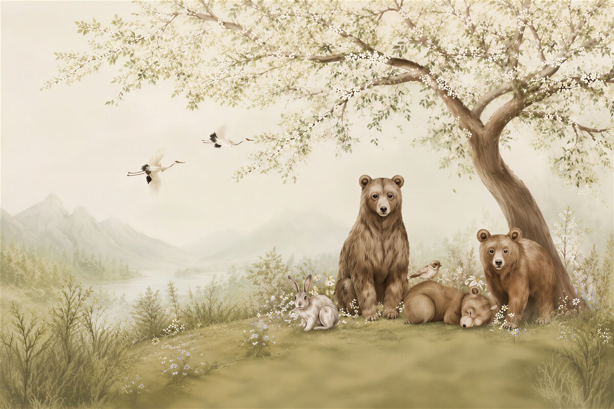 Fototapeten Wald-Bären unter einem blühenden Baum für Kinder