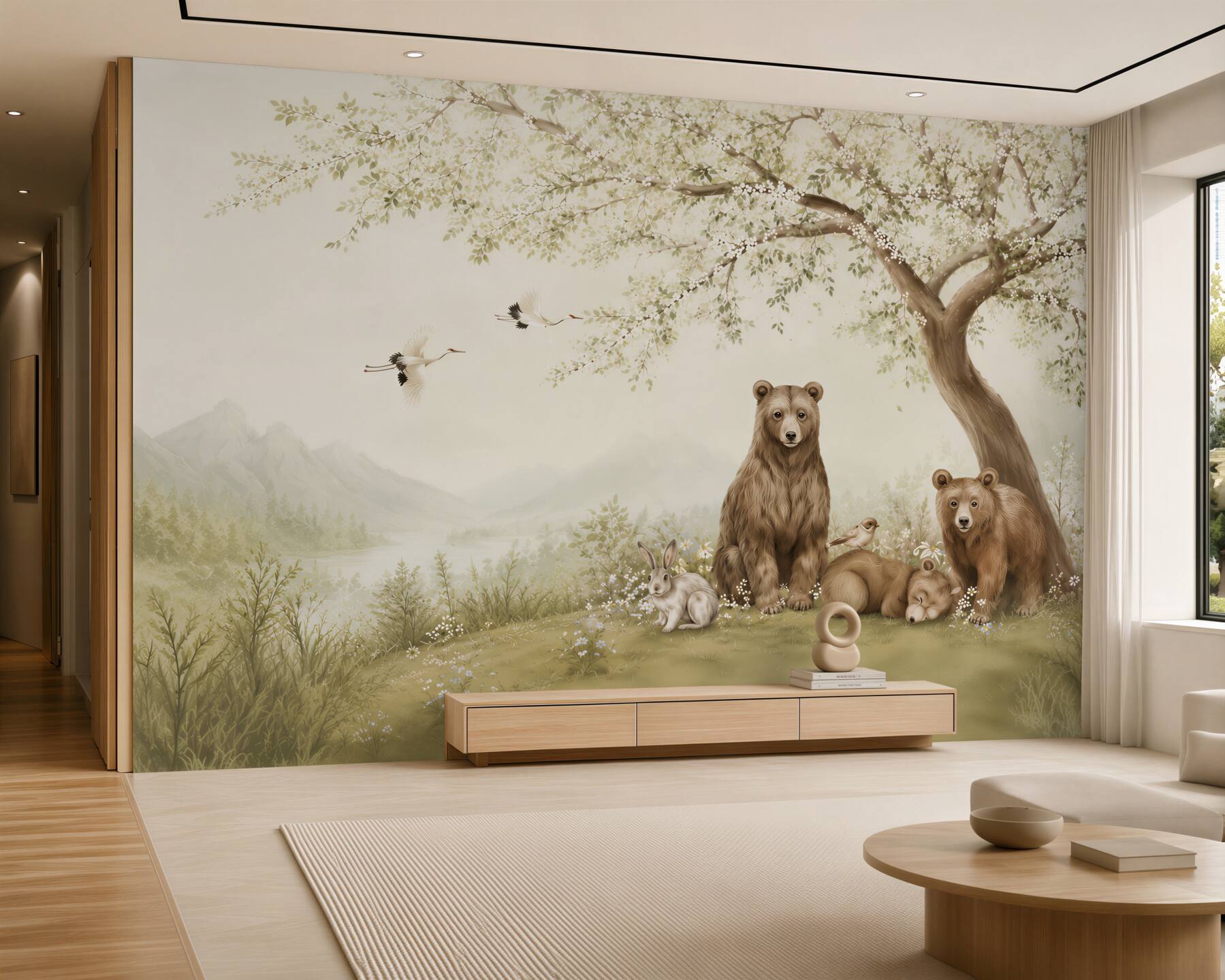 Fototapeten Wald-Bären unter einem blühenden Baum für Kinder
