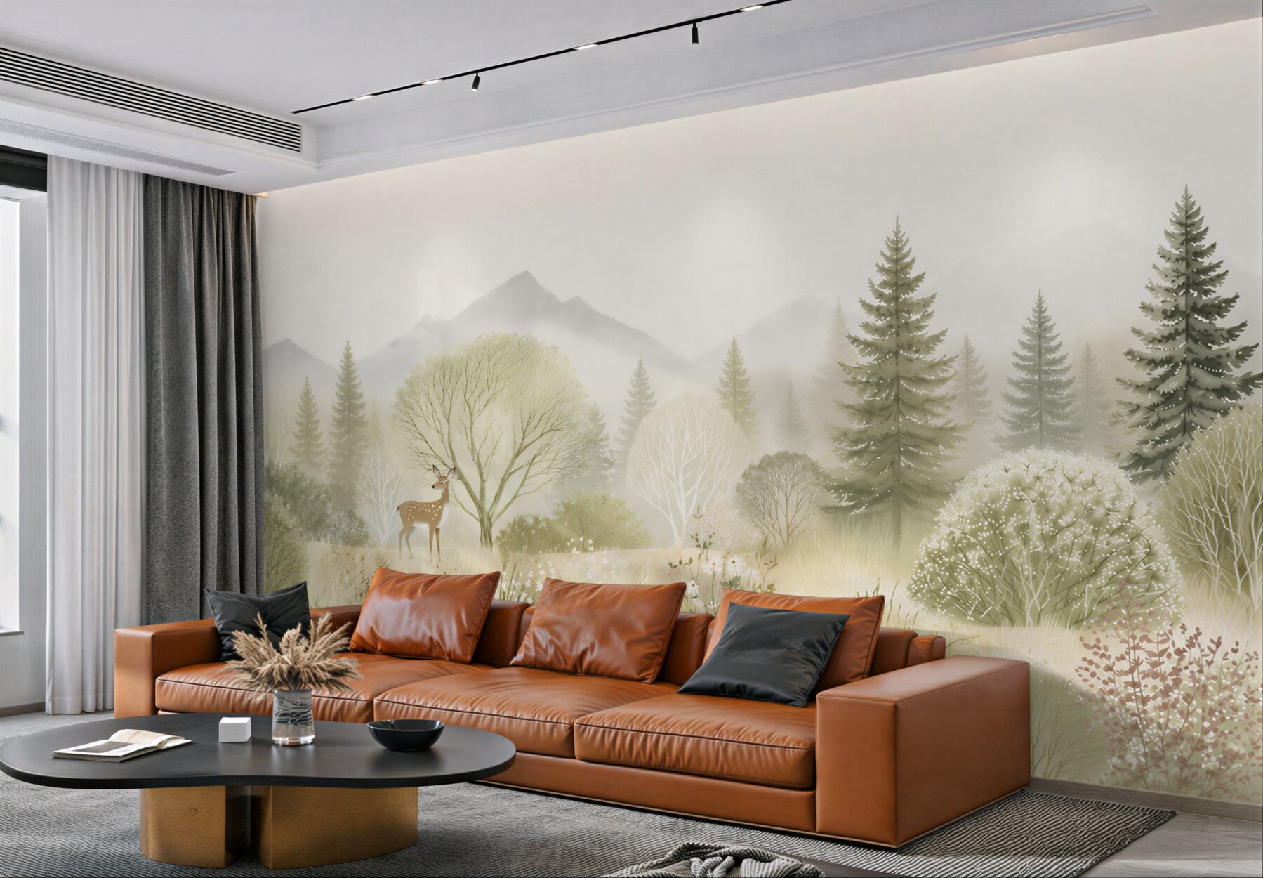 Fototapeten Waldlichtung mit einem Rehkitz und Bergen in Pastellfarben
