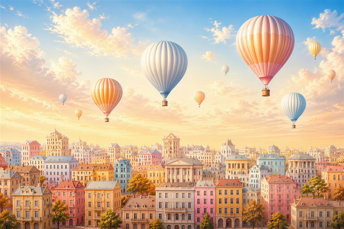 Fototapeten Pastellballons über einer märchenhaften Stadt bei Sonnenuntergang