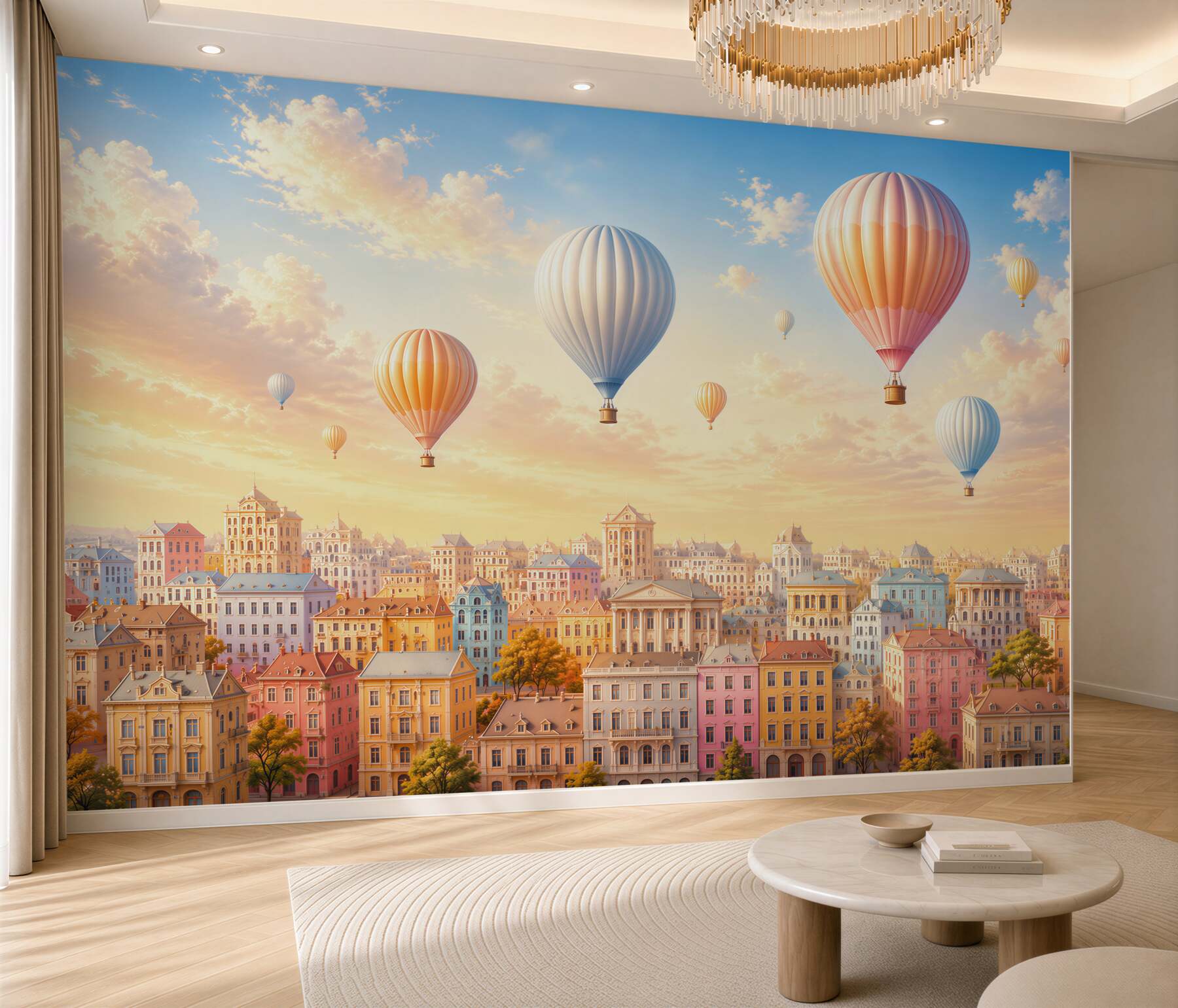 Fototapeten Pastellballons über einer märchenhaften Stadt bei Sonnenuntergang