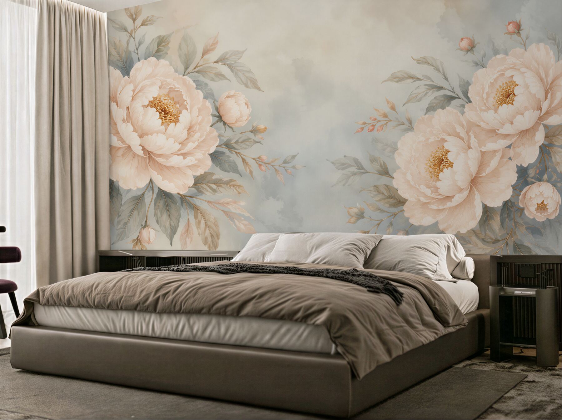 Fototapeten Blumen Pfingstrosen Creme auf pastellfarbenem Hintergrund elegant
