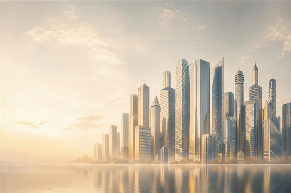 Fototapeten moderne Wolkenkratzer am Wasser im goldenen Nebel