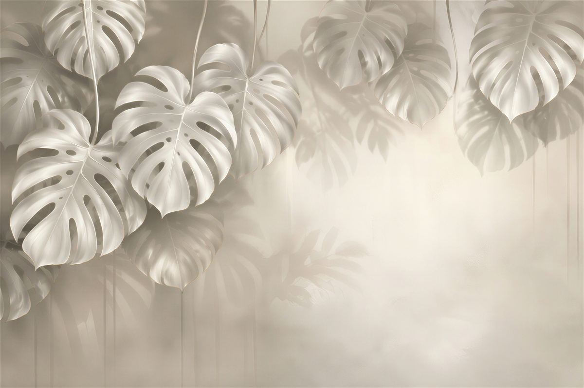 Fototapeten Monstera-Blätter beige mit sanfter Lichtschattierung
