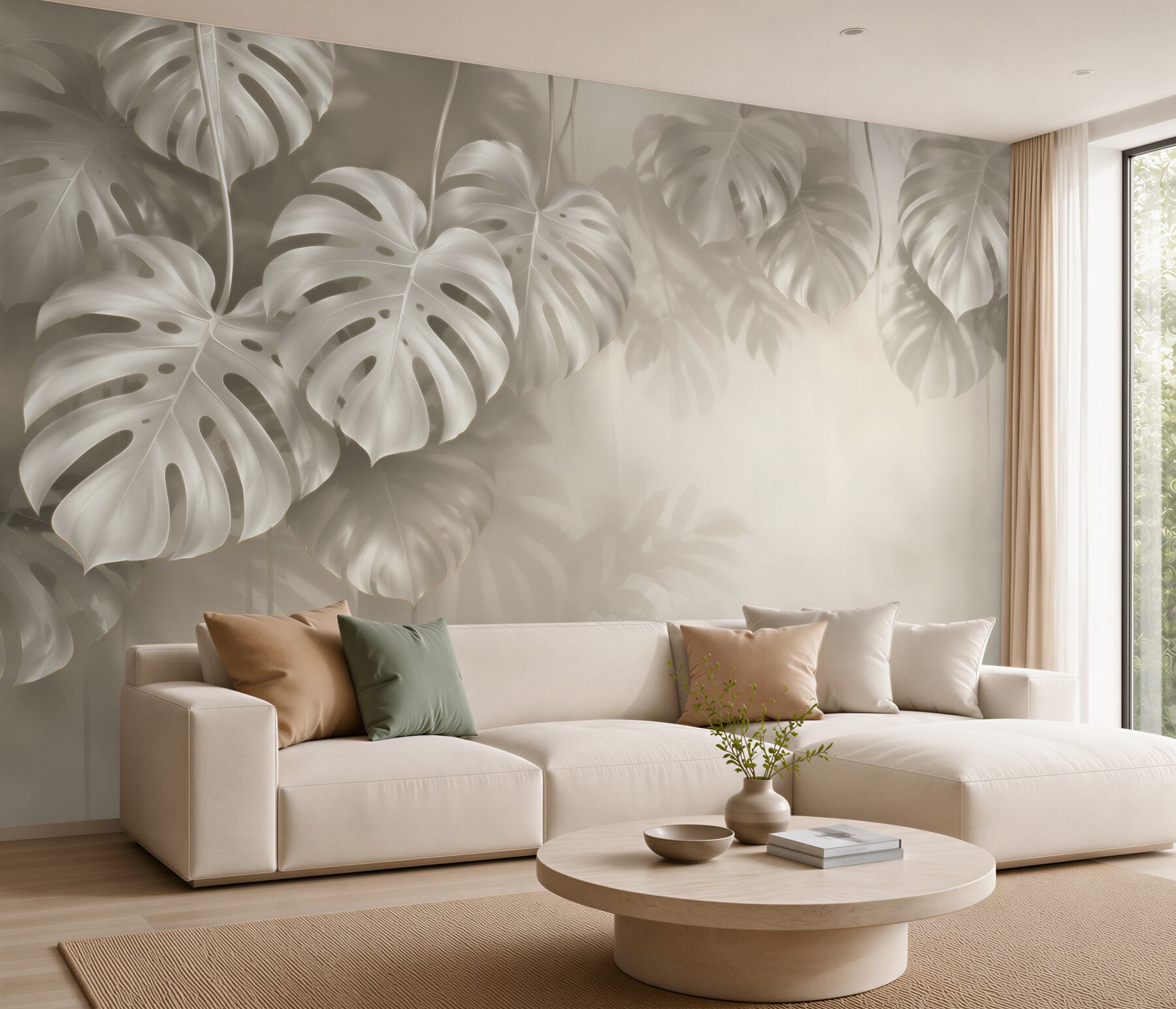 Fototapeten Monstera-Blätter beige mit sanfter Lichtschattierung
