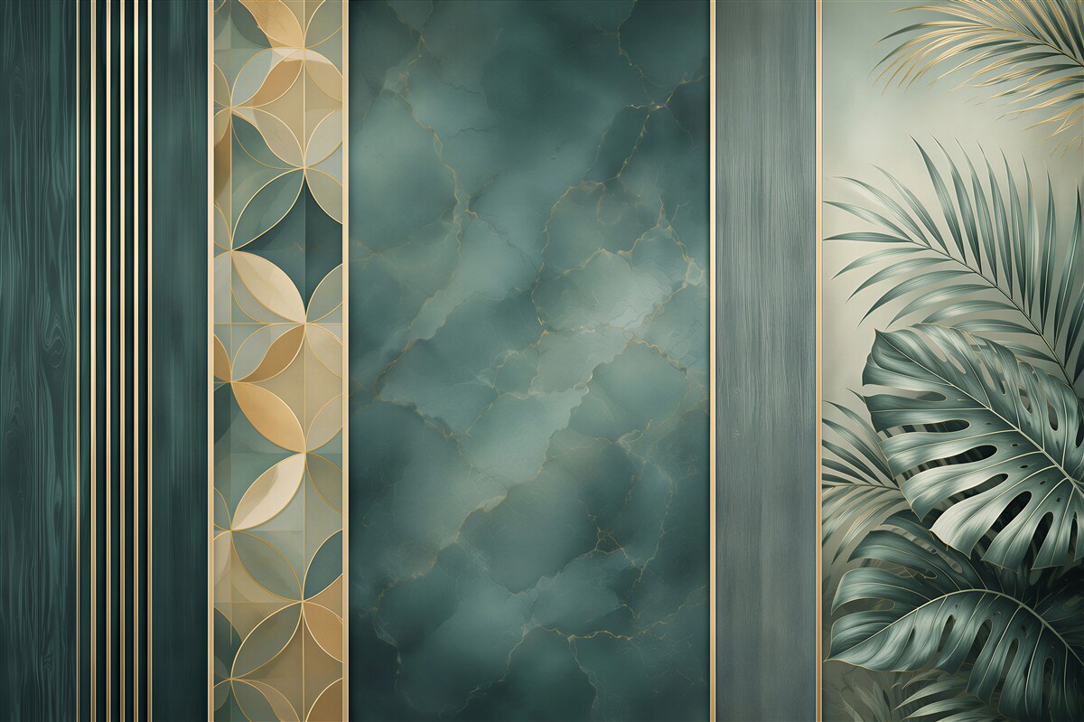 Fototapeten grüner Marmor mit goldenen Akzenten und tropischen Blättern Art déco