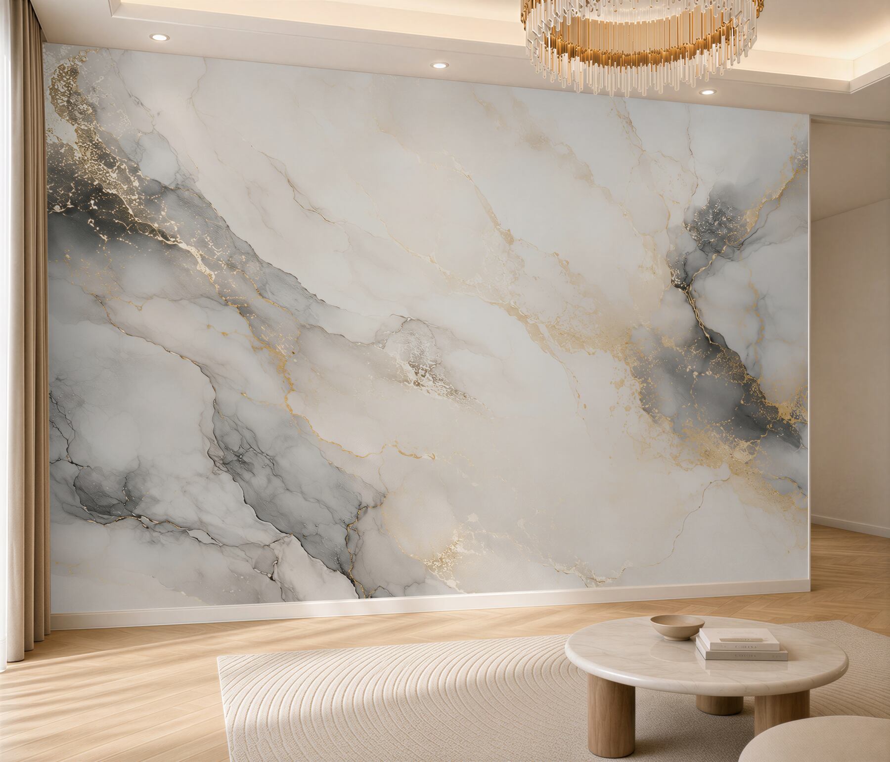 Fototapeten eleganter weiß-grauer und goldener Marmor für ein modernes Wohnzimmer